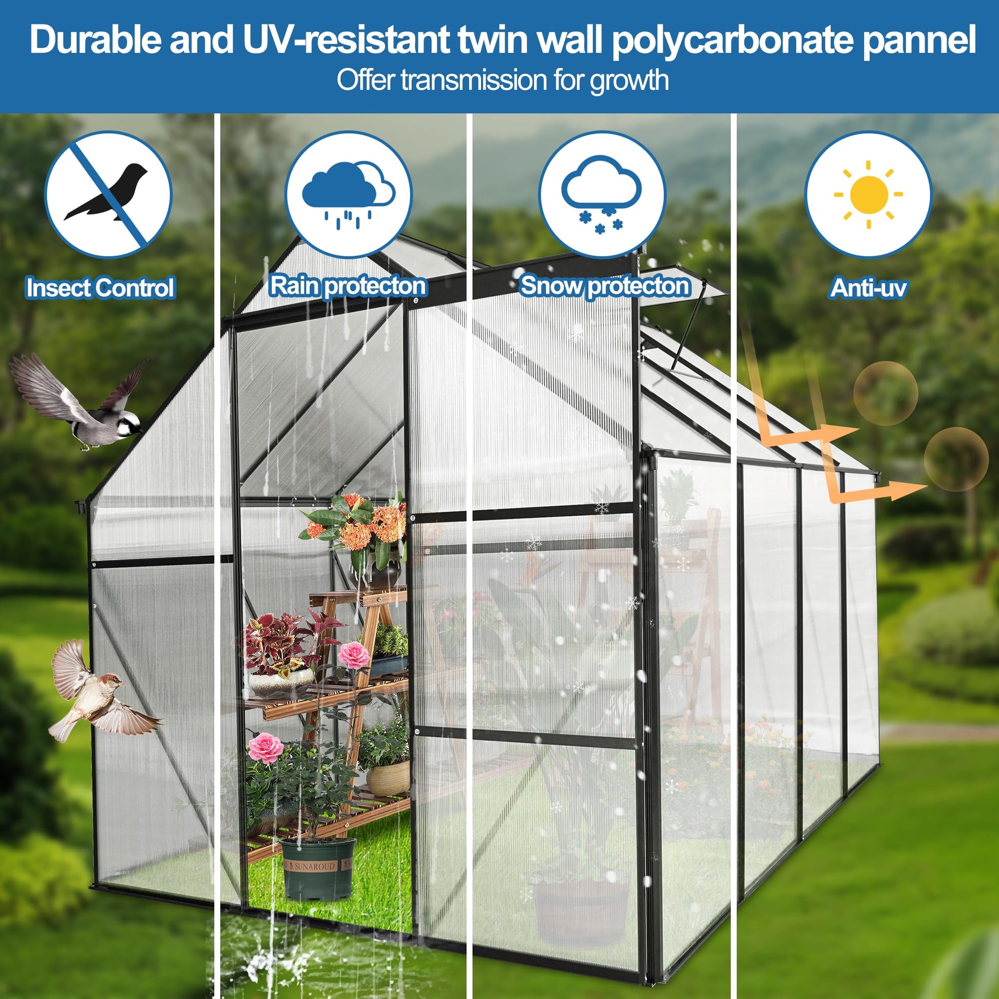 KELRIA 6x8 FT Heavy Duty Walk-in Hobby Greenhouses, Polycarbonate Greenhouse with Sliding Doors and Adjustable Roof Vent, Aluminum Sunroom Green House for Outdoor Garden Backyard, Black - WoodArtSupply