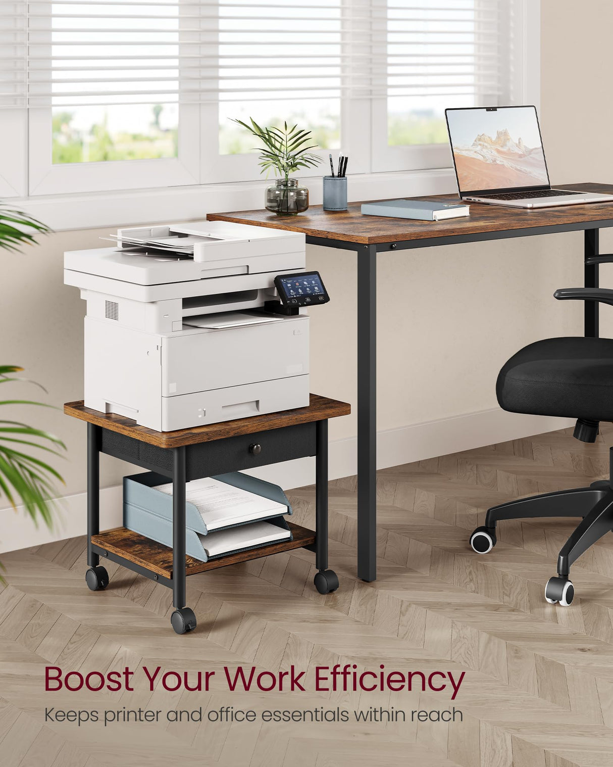 VASAGLE Printer Stand, Under Desk Printer Stand with Wheels, Drawer with Divider, Bottom Shelf, Fits Inkjet, Laser, Photo, All-in-One Printers, Home Office, Rustic Brown and Ink Black UOPS004B01 VASAGLE