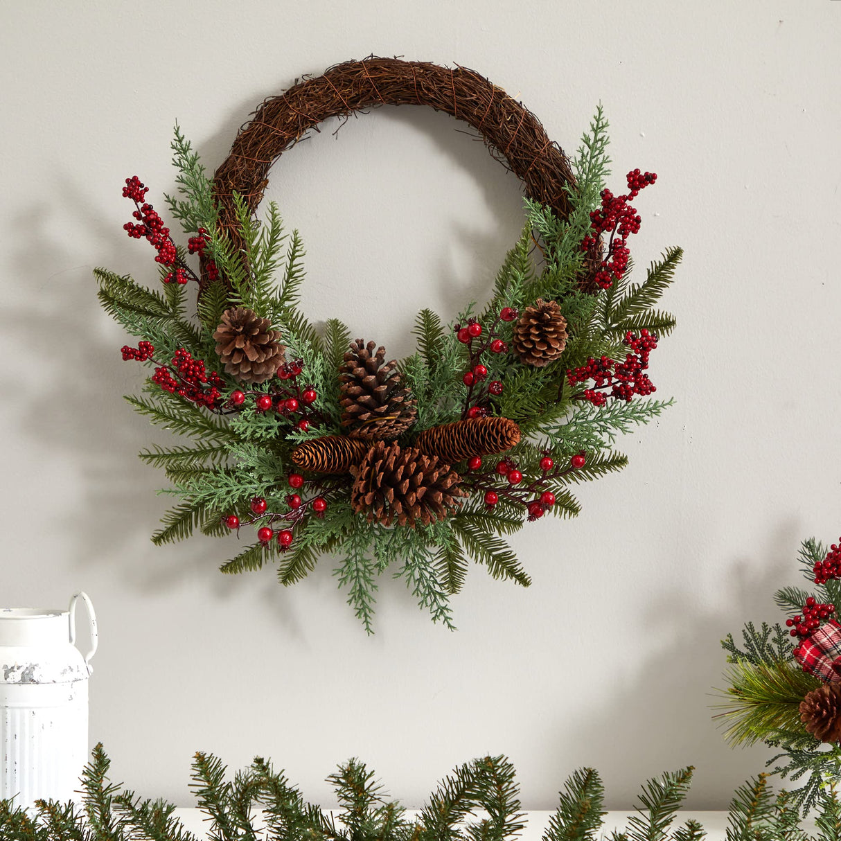 Nearly Natural 22in. Mixed Cedar with Berries and Pine Cones Artificial Wreaths, Green/Red , 3.5x22x22 Nearly Natural