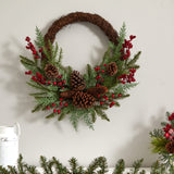 Nearly Natural 22in. Mixed Cedar with Berries and Pine Cones Artificial Wreaths, Green/Red , 3.5x22x22 Nearly Natural