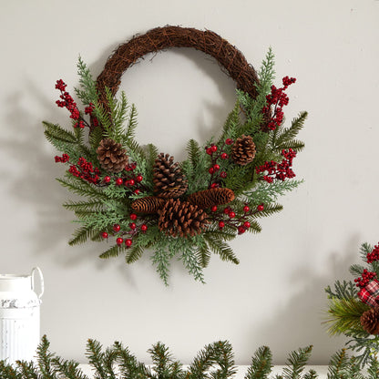 Nearly Natural 22in. Mixed Cedar with Berries and Pine Cones Artificial Wreaths, Green/Red , 3.5x22x22