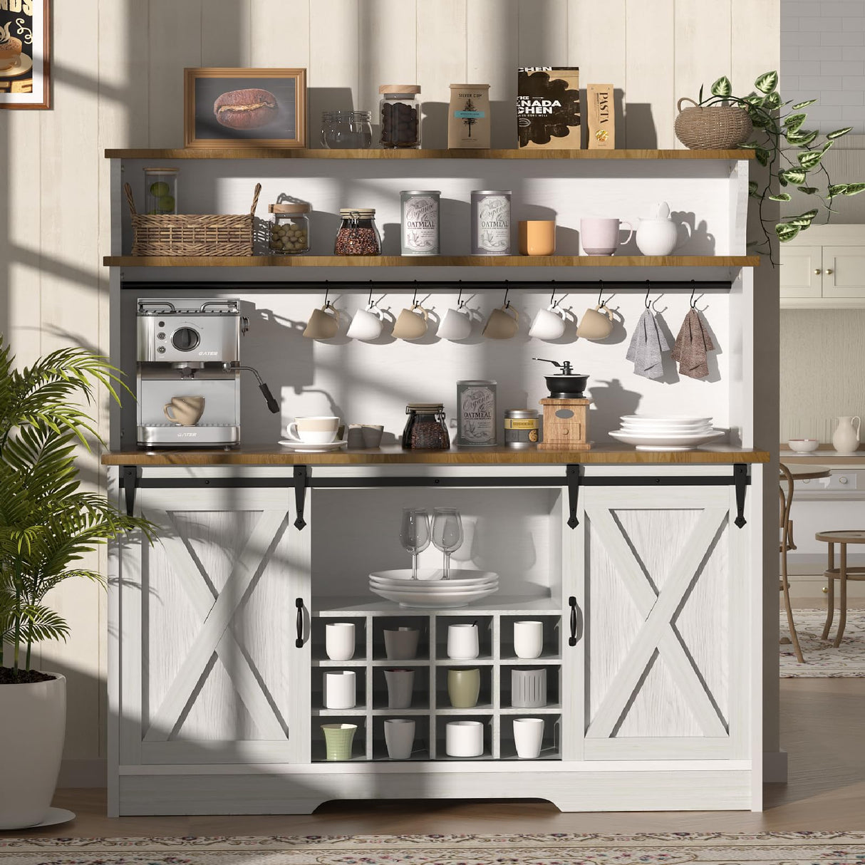 BestHaped 55'' Farmhouse Coffee Bar Cabinet with 3 Tier Storage Hutch, Coffee Bar Station with Sliding Barn Door, Hutch Storage Cabinet with 12 Wine Racks & 9 Hooks for Kitchen Dining Living Room BestHaped