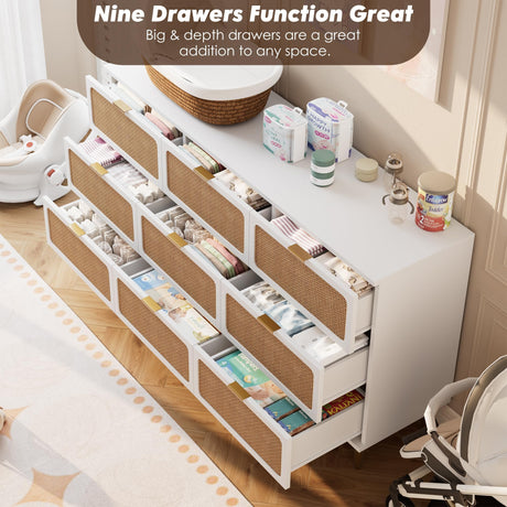 Garvee Rattan Dresser with 9 Drawers, Tall Modern Closet with Deep Storage, Large Chest of Drawers with Wide Top, Long Wooden Dresser for Bedroom, Living Room, Hallway, Kids Room, White Garvee
