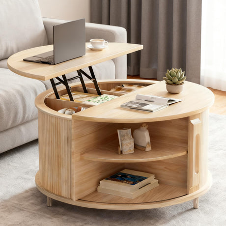 YKVIQBY Round Lift Top Coffee Table, 31.5" Fluted Wood Accent Coffee Table with 180° Curved Sliding Door, Hidden Storage, Mid Century Modern Center Table for Living Room Office Small Spaces, Oak YKVIQBY