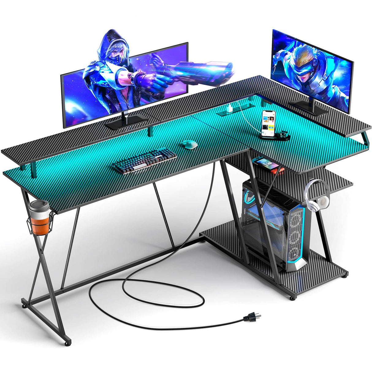 SEVEN WARRIOR L Shaped Gaming Desk with LED Lights & Power Outlets, 55” Reversible Corner Desk with Storage Shelf, Computer Desk with Monitor Stand, Gaming Table with Cup Holder, with Hooks, Black SEVEN WARRIOR