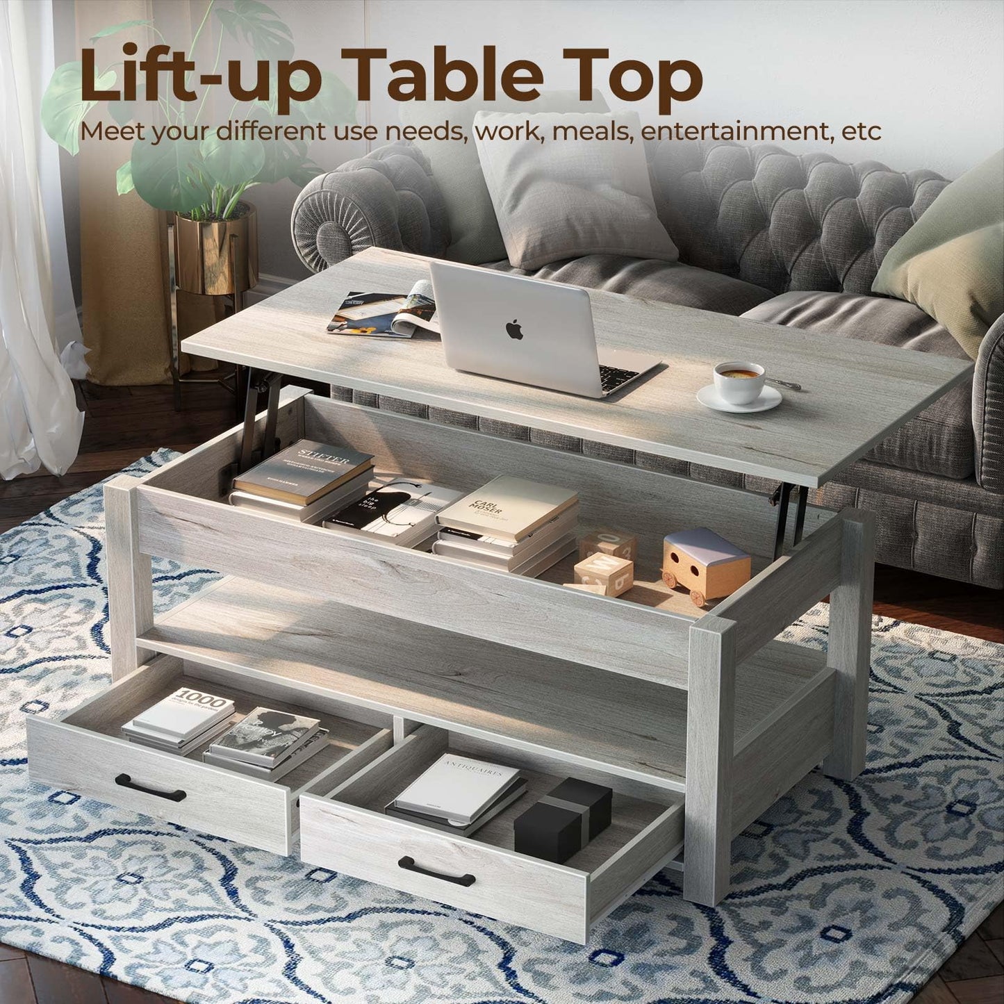 Rolanstar Coffee Table, Lift Top Coffee Table with Drawers and Hidden Compartment, Living Room Table with Wooden Lift Tabletop, for Living Room, Grey