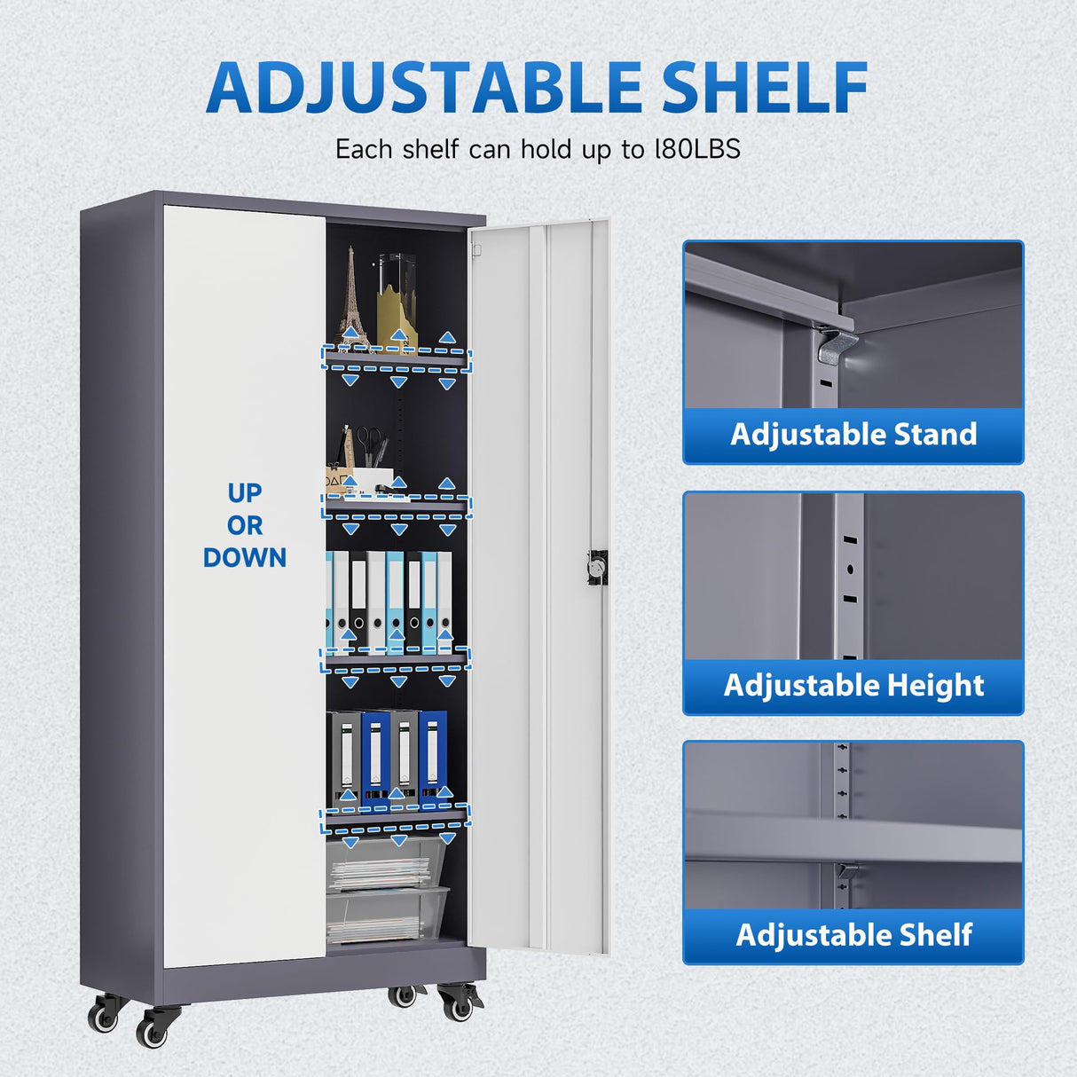 Metal Locking Storage Cabinet with Wheels, 2 Doors and 4 Adjustable Shelves, 73" Tall Rolling Garage Storage Cabinet with Lock for Home Office, Pantry, Tool Organizer (Gray White, 73"H -2 Door) heycode