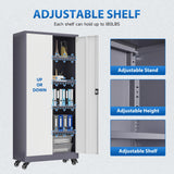 Metal Locking Storage Cabinet with Wheels, 2 Doors and 4 Adjustable Shelves, 73" Tall Rolling Garage Storage Cabinet with Lock for Home Office, Pantry, Tool Organizer (Gray White, 73"H -2 Door) heycode