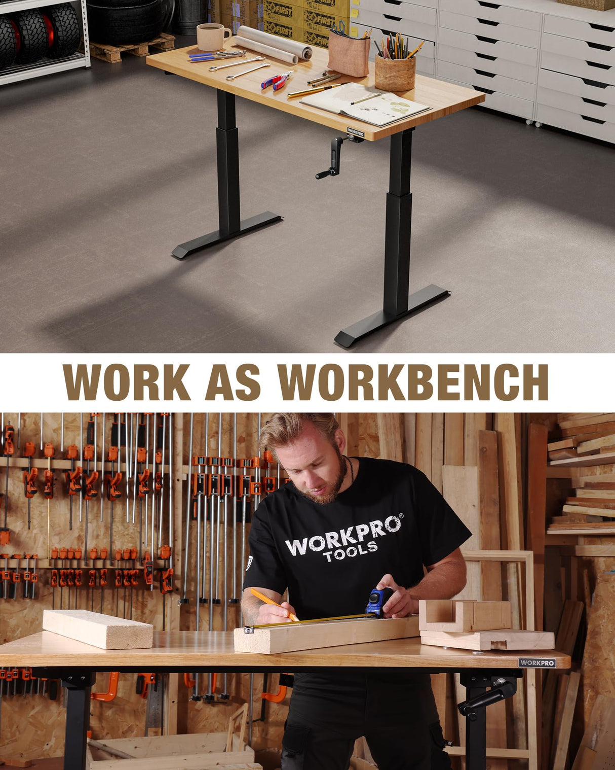 WORKPRO Adjustable Workbench with Crank Handle, 47.2" x 23.6" Rubber Wood Worktable 300LBS Load Capacity,Height-Adjustable Standing Desk for Workshop, Garage WORKPRO