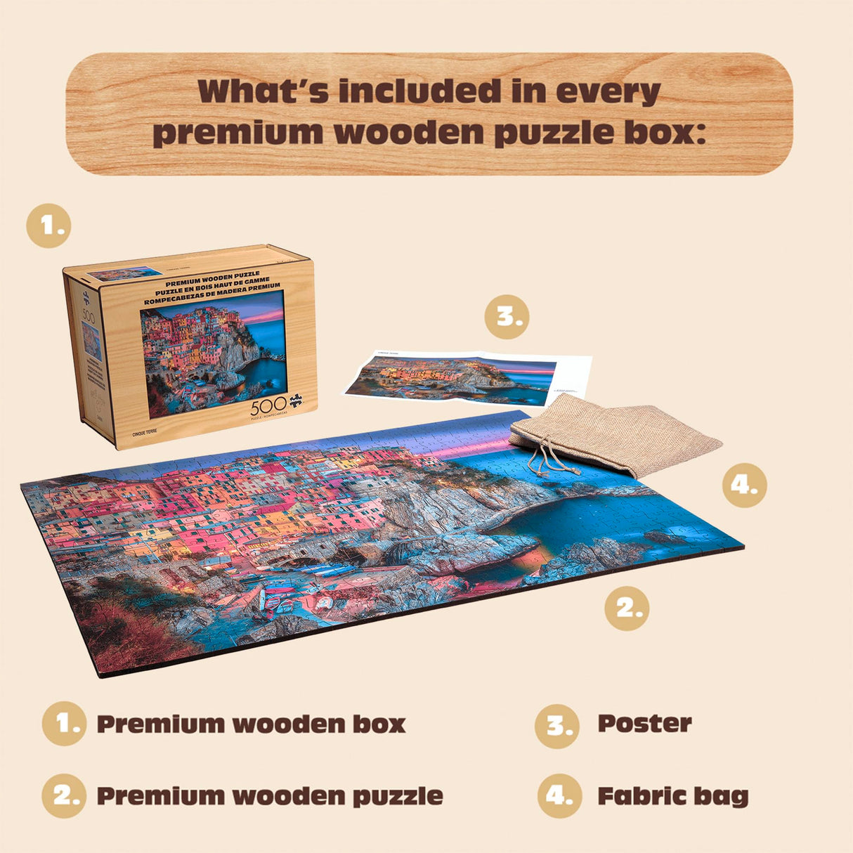 Buffalo Games - Cinque Terre Wood Puzzle - Standard Cut Jigsaw Pieces - 500 Piece Jigsaw Puzzle - Ages 14 and Up Buffalo Games