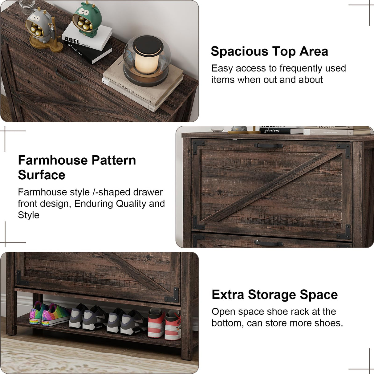 Vabches Shoe Cabinet with 2 Flip Drawers, Farmhouse Shoe Storage Cabinet for Entryway, Wood Narrow Shoe Rack Cabinet with Open Shelf, Slim Hidden Shoe Cabinet, Rustic Dark Oak Vabches