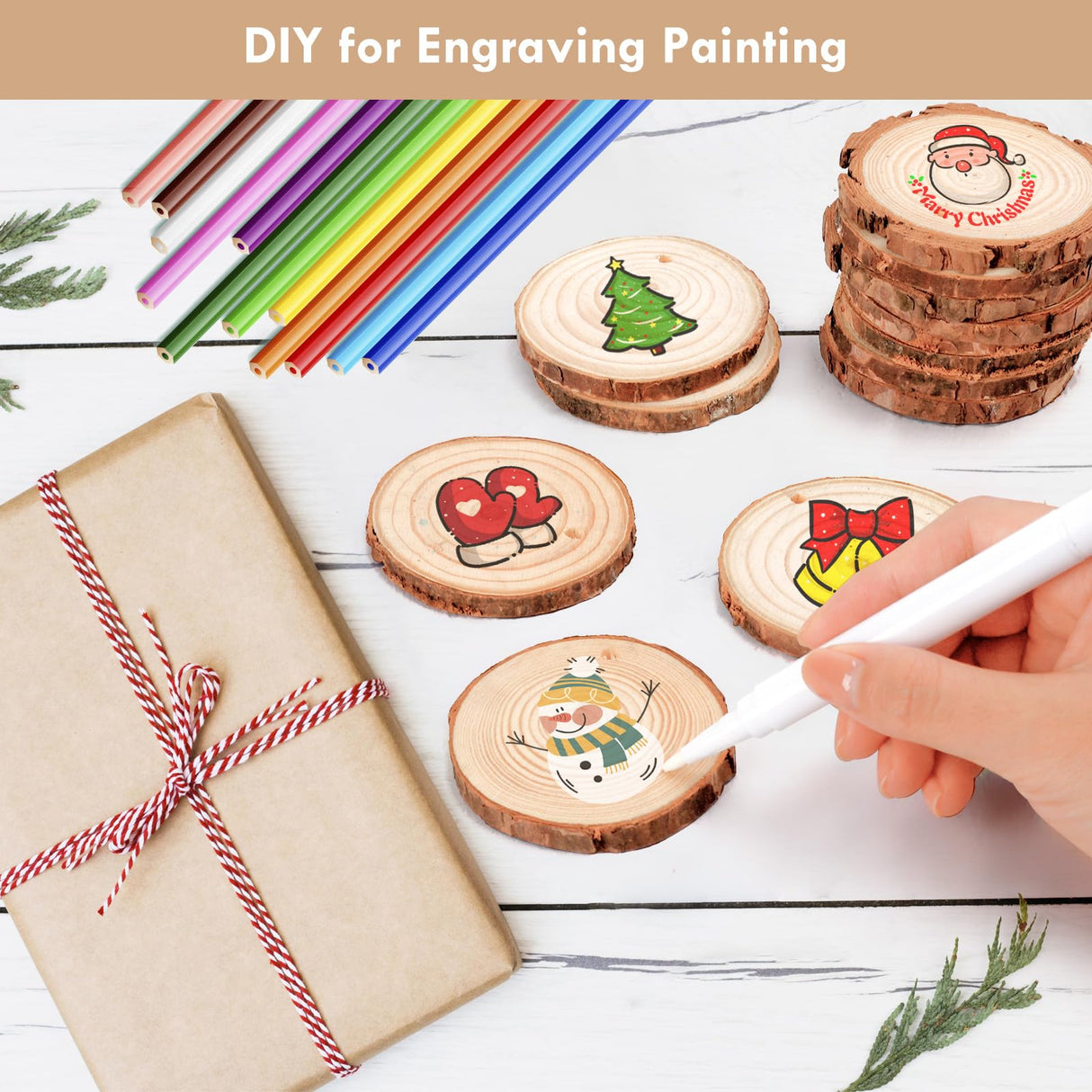 54Pcs Wood Slices, LOOFORE 2.4"-2.8" Unfinished Natural Wood Rounds with Pre-drilled Hole, Wood Slices for Wood Burning Painting DIY Crafts Christmas Ornaments Party Wedding Decor LOOFORE
