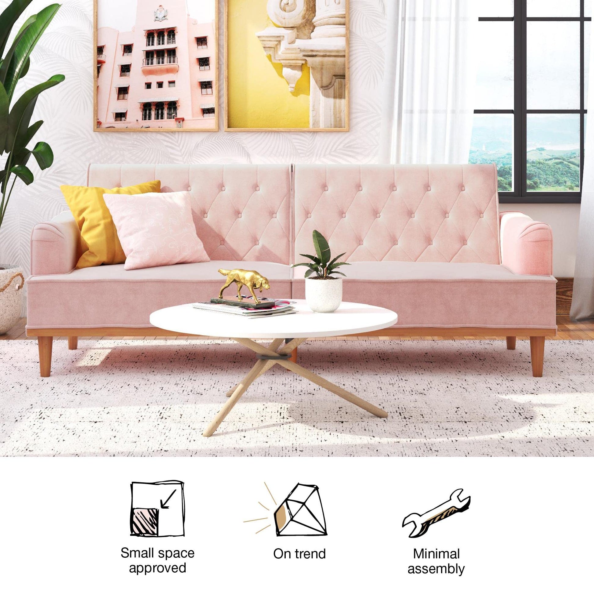 Mr. Kate Stella 80 Inch Futon Sofa Bed in Velvet Fabric, Modern Upholstered Couch Sleeper with Button Tufted Back and Wood Trim, Pink - WoodArtSupply