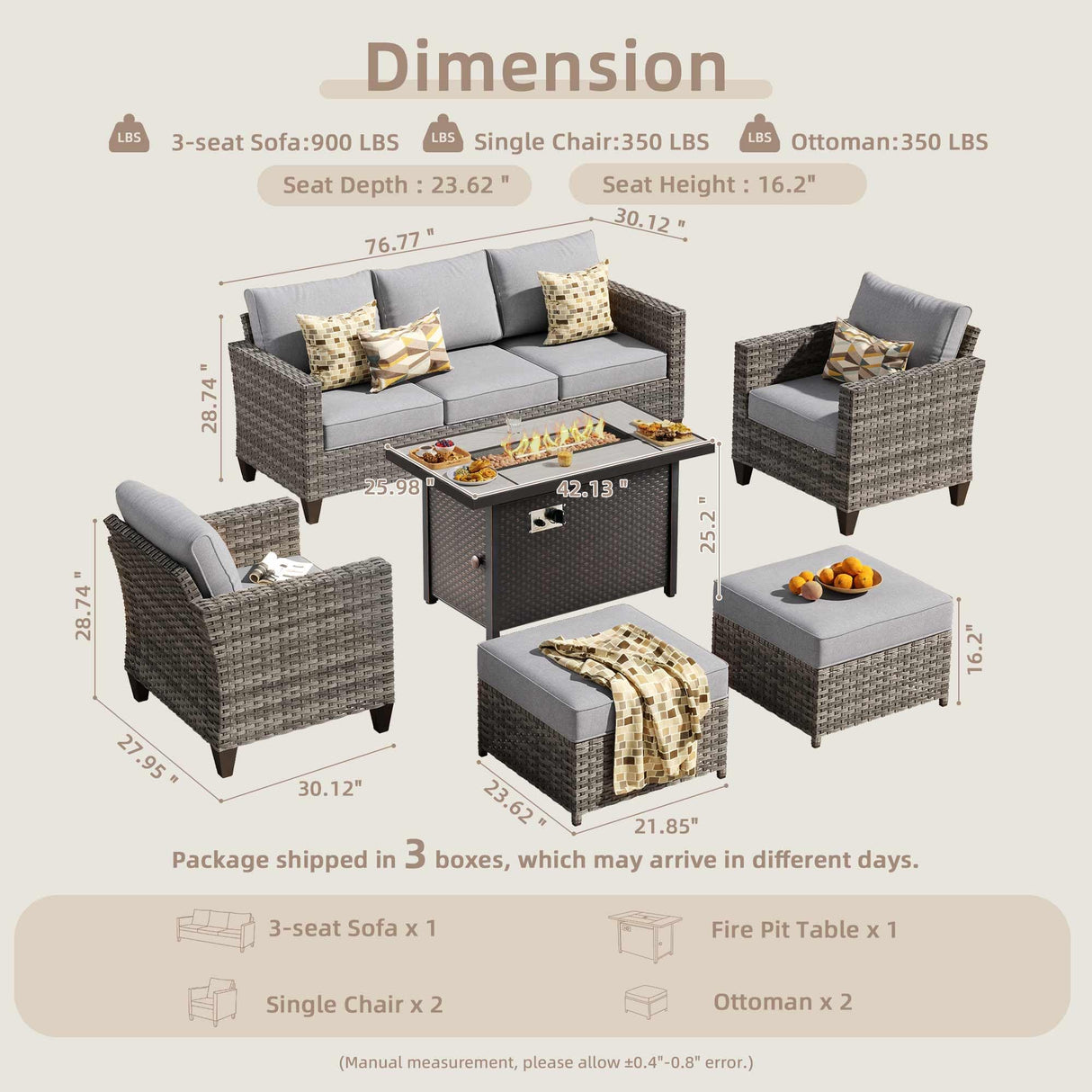 CAODOC 6-Piece Outdoor Wicker Patio Set with 7 Seats, Including 43" Fire Pit - Sectional Sofa and Conversation Set for Backyard or Lawn, Gray Rattan with Waterproof Dark Gray Cushions CAODOC