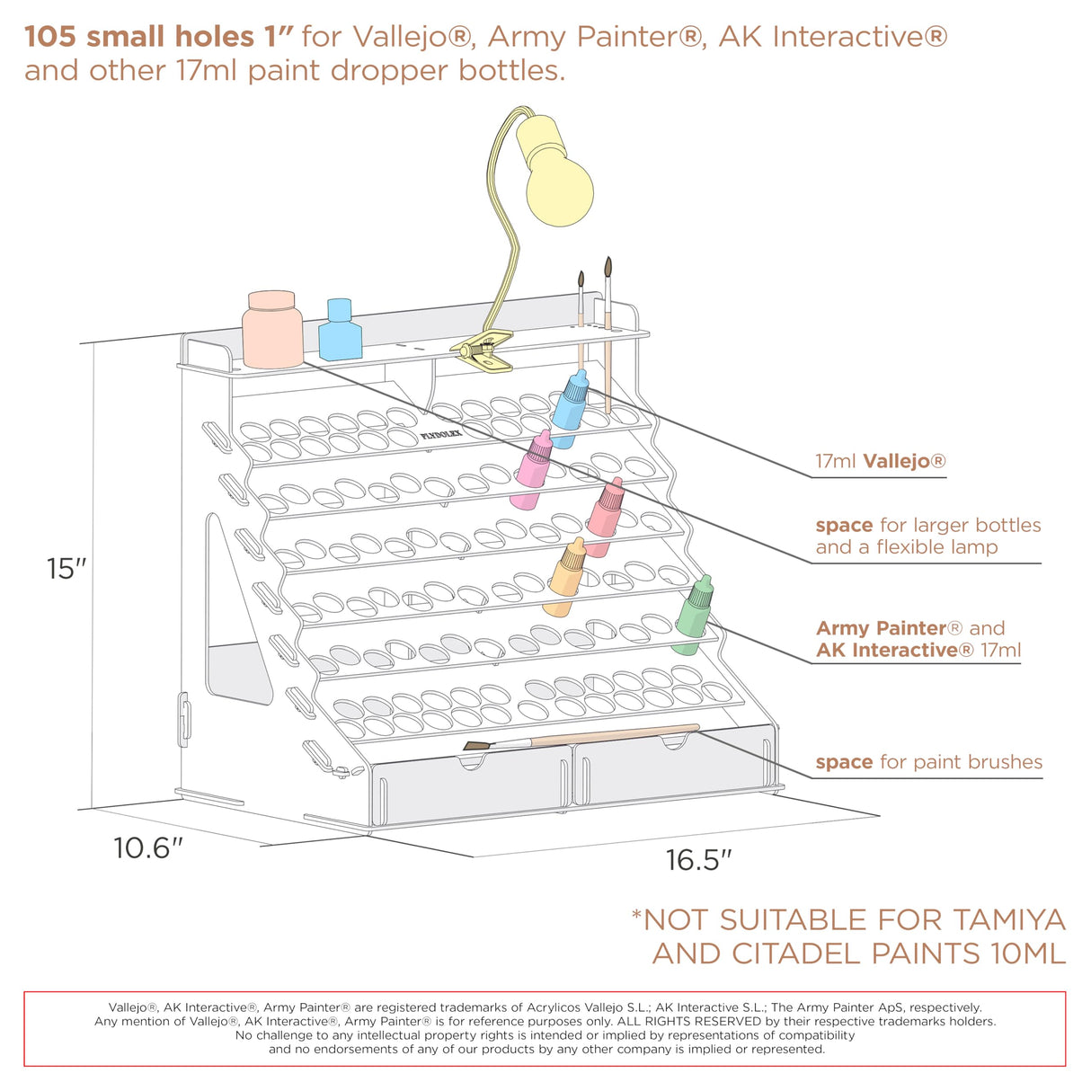 Plydolex Paint Organizer for 105 Paint Bottles and 14 Brushes - Paint Holder with 6 Miniature Stands - Paint and Brush Storage for Miniature Paints Plydolex