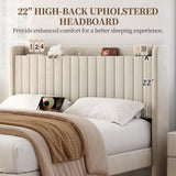 Yaheetech Queen Bed Frame with USB Charging Station and Storage Shelf/Upholstered Headboard Platform Bed with Wing Side/Wooden Slats Support/Noise Free/No Box Spring Needed/Easy Assembly, Ivory Yaheetech
