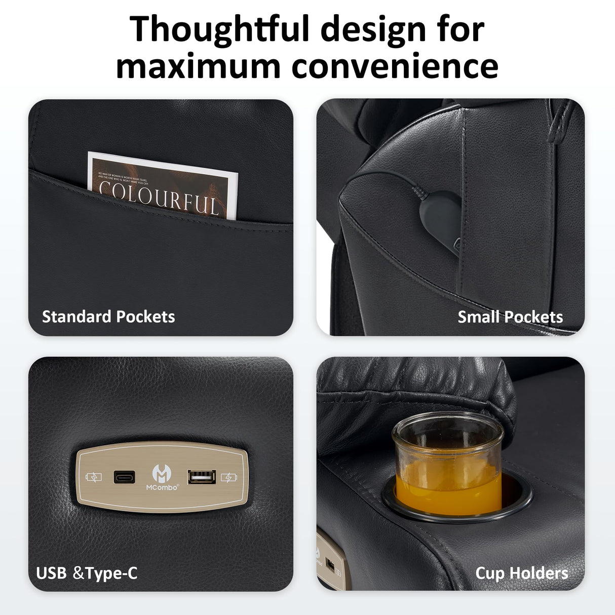 MCombo Large Triple Motor Power Lift Recliner Chair with Massage and Dual Heating, Adjustable Headrest for Tall Elderly People, Faux Leather 7634 (Black, Large) MCombo