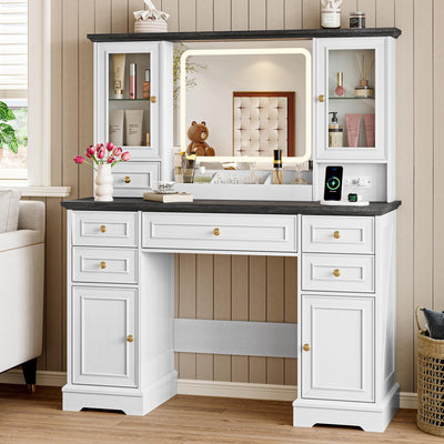 BORNOON Vanity Desk with Lights, Large LED Mirror with 3 Color Modes, Makeup Vanity with Power Outlet & USB Ports, 6 Drawers & 2 RGB Glass Cabinets, Farmhouse Dressing Table for Women & Girls (White)