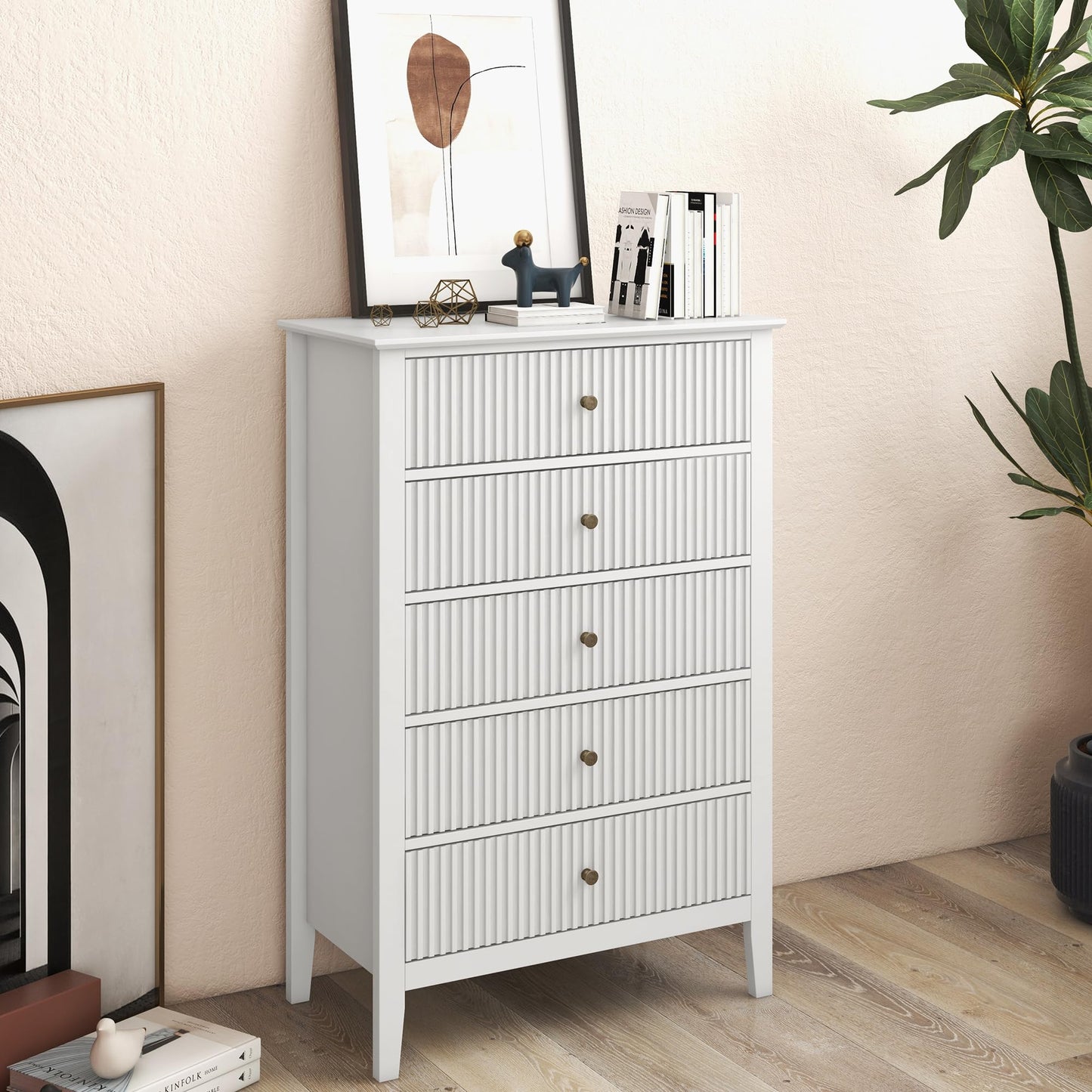 RoyalCraft White Fluted 5 Drawer Dresser for Bedroom, Tall Chest of Drawers with Ball Bearing Slide, Waterproof Lacquered Desktop,Modern Wood Storage Cabinet for Living Room - WoodArtSupply