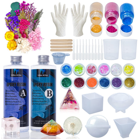 Vida Rosa Epoxy Resin Kits for Beginners with molds,dried flower，600ml/ 21.16oz Crystal Coating for Art, Craft, Jewelry Making, River Tables,2 Gloves, 2 Measuring Cup and 2 Wooden Sticks VidaRosa