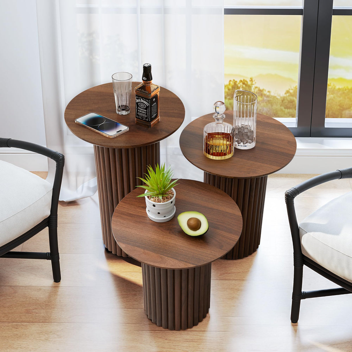 Bifins Round Nesting Coffee Table Set of 3,Mid Century Modern Fluted Coffee and End Table Set,Small Circle Wooden Side Table Drink Table for Living Room (Walnut) Bifins