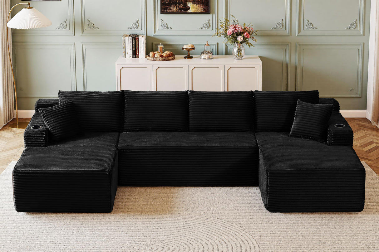 133" Oversized Couches for Living Room Modern Sectional Couch for Living Room Corduroy Boneless Couchs Comfy Cloud Couch Flexible Modular Sectional Sofa (Black, with Cup Holder) KOPSEE