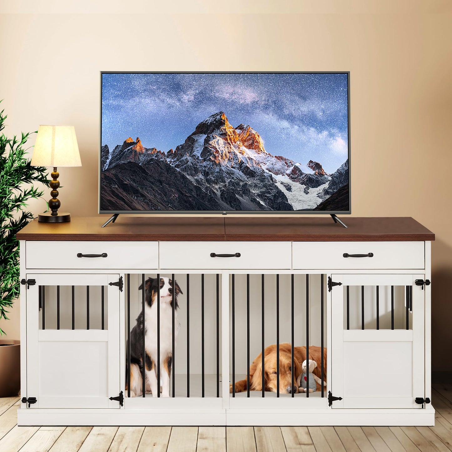 70.9 inches Dog Crate Furniture for 2 Dogs Double Dog Crate Wooden Heavy Duty Dog Kennel Furniture TV Stand with 3 Drawers for Large Medium Dogs White