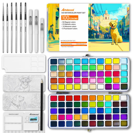 Watercolor Paint Set, 100 Colors, Travel Water Colors kit with 9 Brushes, 3 Swatch Cards, Palette set Including Metallic and Accessories Art Supplies Gifts for Kids Artists Teens Adults and Hobbyists Artdecool