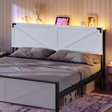 MAHANCRIS King Size Headboard Only, Headboard with 2 Outlets and 4 USB Ports, Farmhouse Headboard, with LED Lights, Secure Storage with Raised Fence, with Bed Frame Adapter, White and Black MAHANCRIS