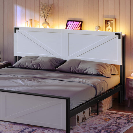 MAHANCRIS King Size Headboard Only, Headboard with 2 Outlets and 4 USB Ports, Farmhouse Headboard, with LED Lights, Secure Storage with Raised Fence, with Bed Frame Adapter, White and Black MAHANCRIS
