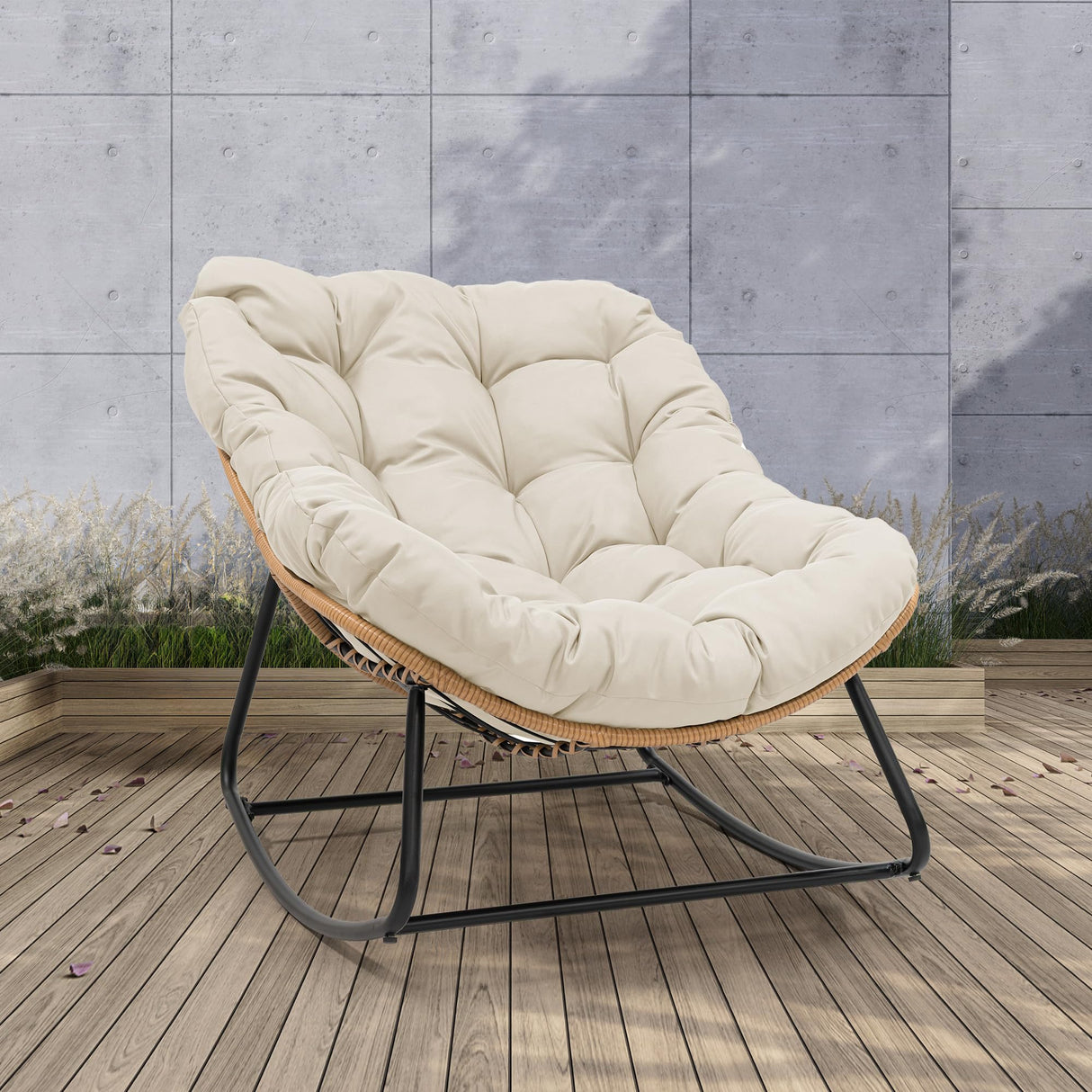 PROHIKER Outdoor Papasan Rocking Chair, Indoor Egg Rocking Chair with Thick Cushion, Oversized Wicker Rattan Patio Lounge Chairs for Backyard, Balcony, Living Room(Beige) PROHIKER