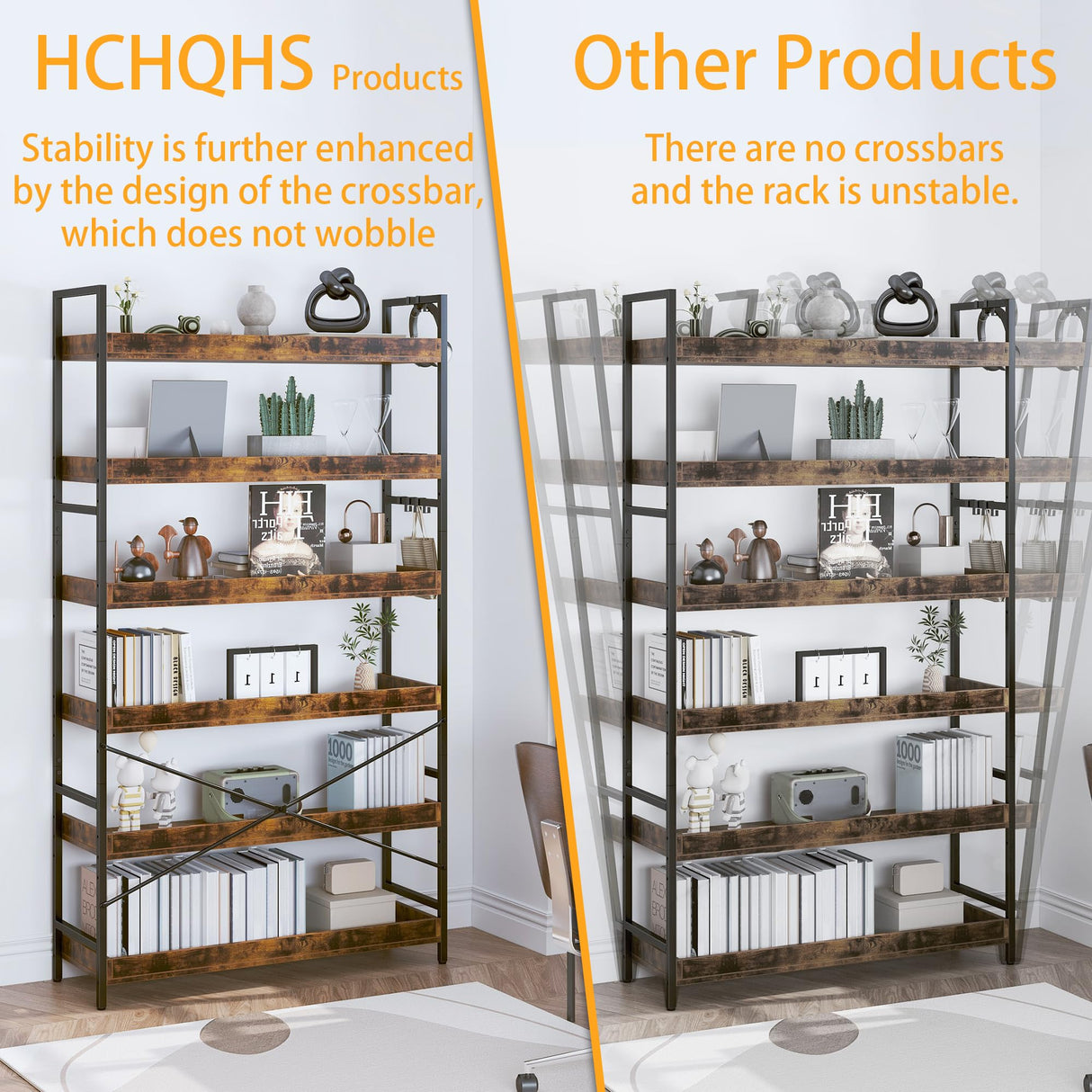 HCHQHS Bookshelf, Adjustable Industrial Bookcase, Vertical Tall Book Shelf, Wood and Black Metal Open Bookshelves for Home Office, Living Room, Bedroom (Rustic Brown, 6-Tier (31" W x 70" H)) HCHQHS