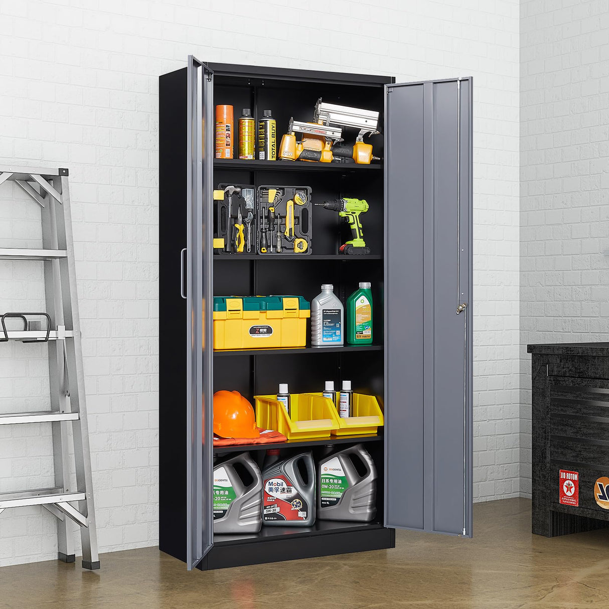 PEUKC Metal Garage Storage Cabinet, 71 Inch Tall Storage Cabinet with Adjustable Shelves & Locking Doors, Tool Cabinets for Garage,Office,Home,School,Gym Storage (Grey+Black) PEUKC