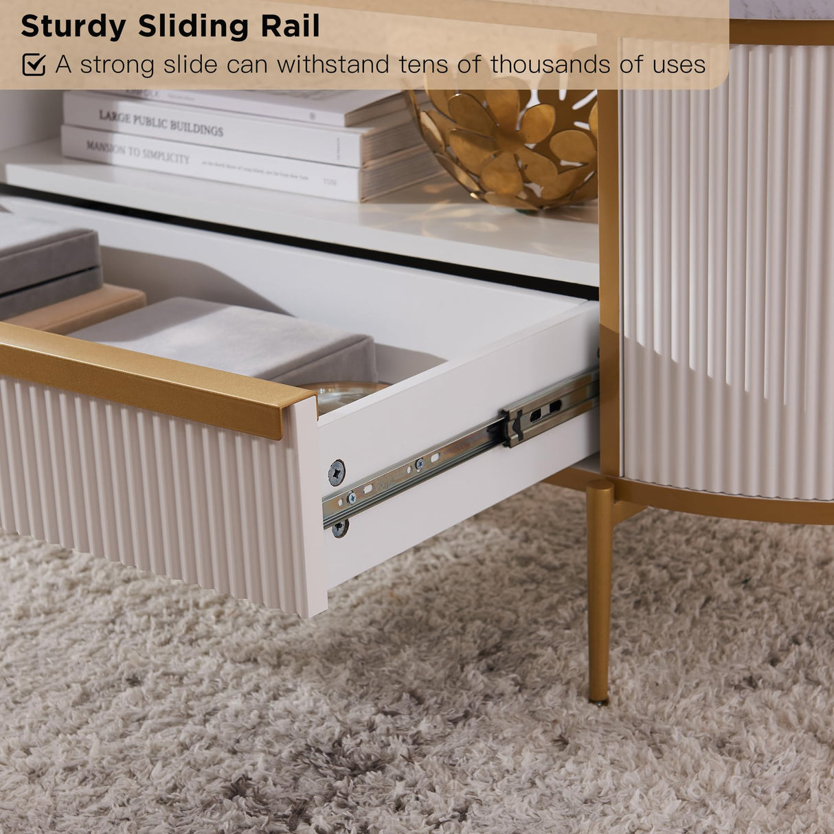 OKD Modern Luxury Fluted Coffee Table, 48" Oval Coffee Table with Drawer, Faux Marble Top, Curved Profile Design, Gold Metal Decor, Center Table for Living Room, Off White OKD