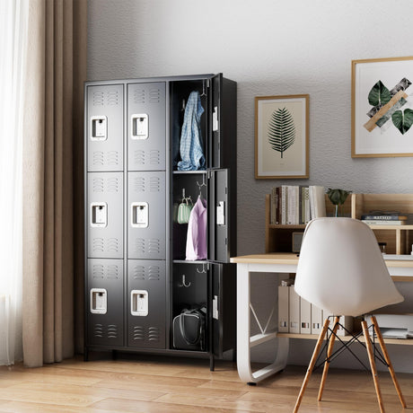 Aobabo 9 Doors Metal Storage Locker Cabinet for Employees, Storage Locker for School Office Gym Bedroom, Industrial Steel Storage Locker with 18 Hooks, Black, Assembly Required Aobabo