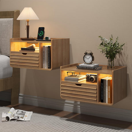 Maupvit Wood Floating Nightstand Set of 2, Wall Mounted Night Stand with Drawer and Charging Station, Bedside Table with Open Shelf, Led Nightstand for Bedroom Maupvit
