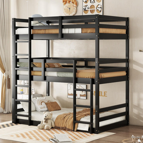 Hommoo Triple Bunk Bed Twin Over Twin Over Twin Wood Bed Frame Convertible Loft Bed for 3 Teens Adults with Ladder and Guardrail for Small Space Bedroom Dorm Black Hommoo