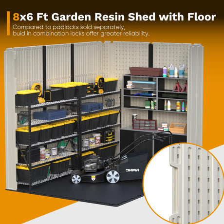 Devoko Plastic Outdoor Storage Shed with Floor, 8 x 6 FT Resin Tool Garden Shed with DIY Window and Lockable Door, Outside Kick-it Shed for Patio,Garden, Backyard, Lawn, Beige Devoko