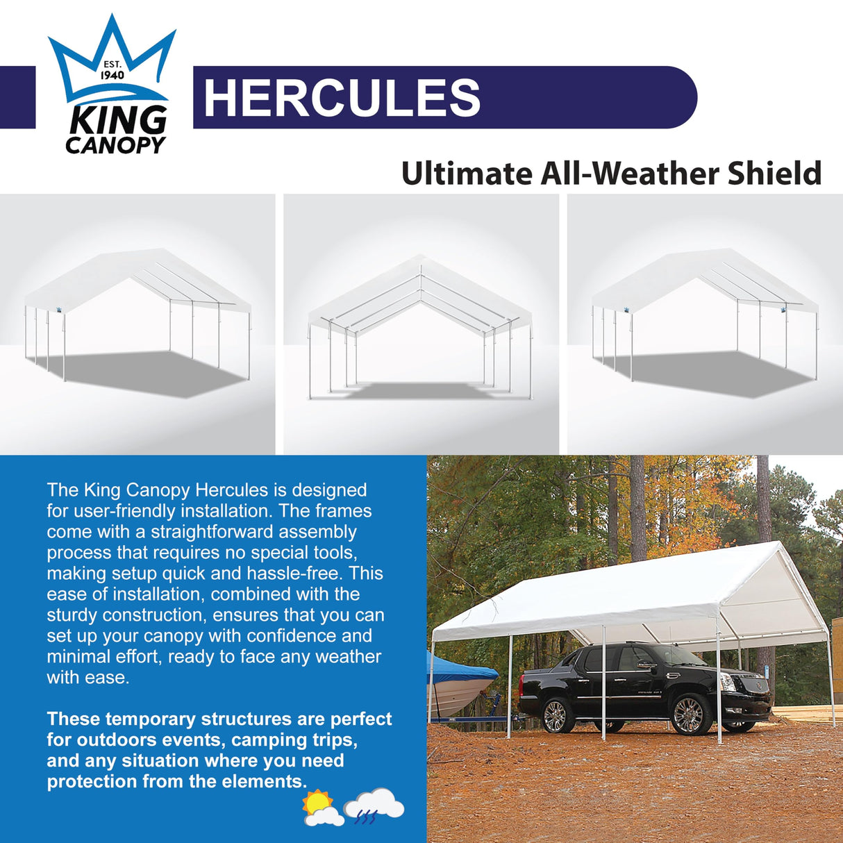 King Canopy Hercules 18-Feet by 20-Feet, 2-Inch Hammertone Steel Frame w/Buttons, 8-Leg, Carport, White King Canopy