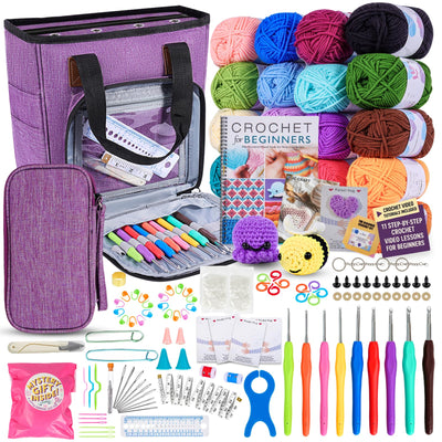 JC CRAFT Deluxe Beginner Crochet Kit – 116-Piece Set with 20 Yarns, Ergonomic Hooks, Accessories, Book for Beginners & Online Tutorial – DIY Starter Kit for Adults & Kids with Purple Bag & Case