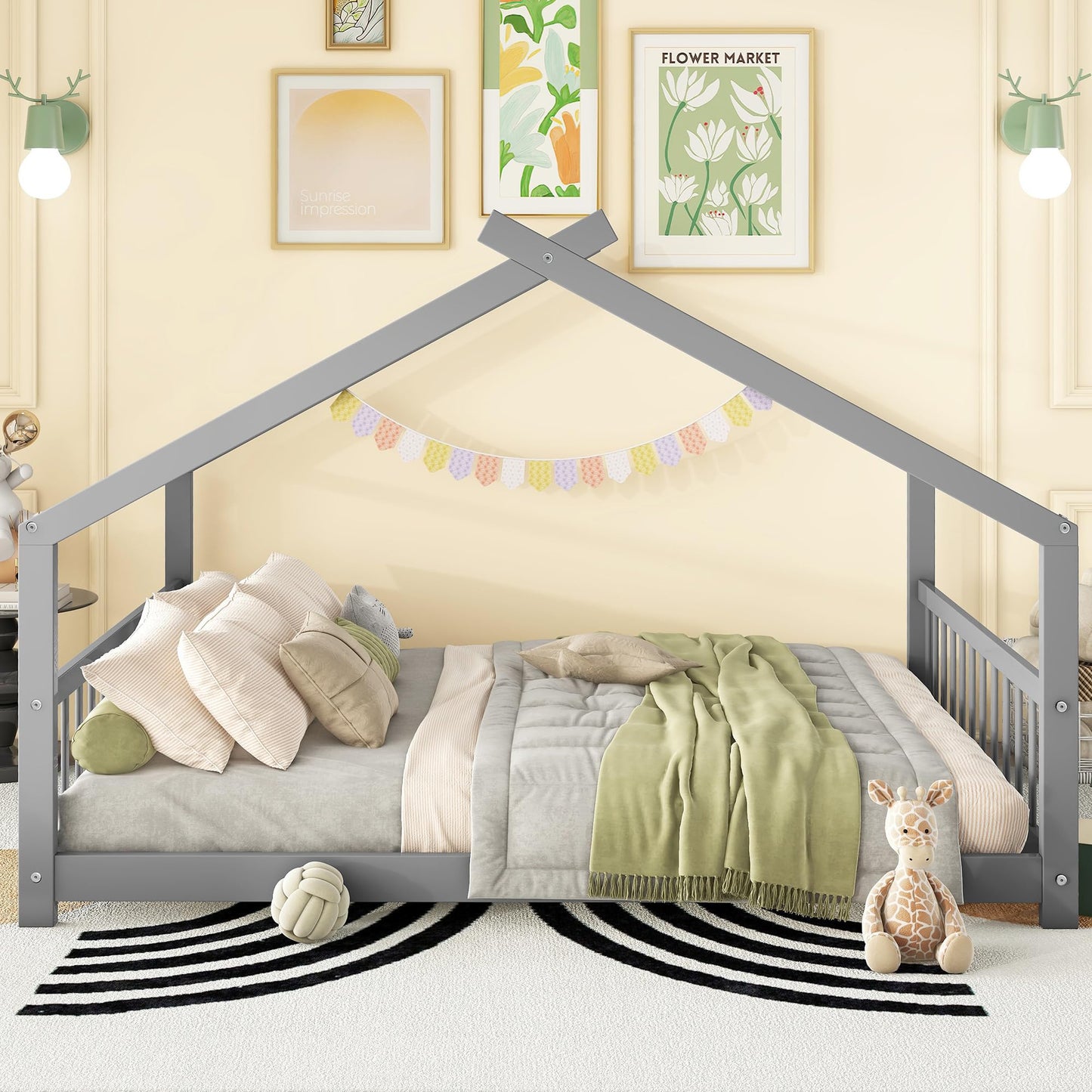 Bellemave Full-Size Montessori Floor Bed Frame with Playhouse Design in Grey - WoodArtSupply