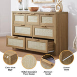 OAKHAM HOME 7 Drawers Dresser, Rattan Dresser TV Stand for Bedroom Closet, Wood Chests of Drawers with Metal Handle and Wide Drawers, 52.76" W x 17.71" D x 31.69" H OAKHAM HOME