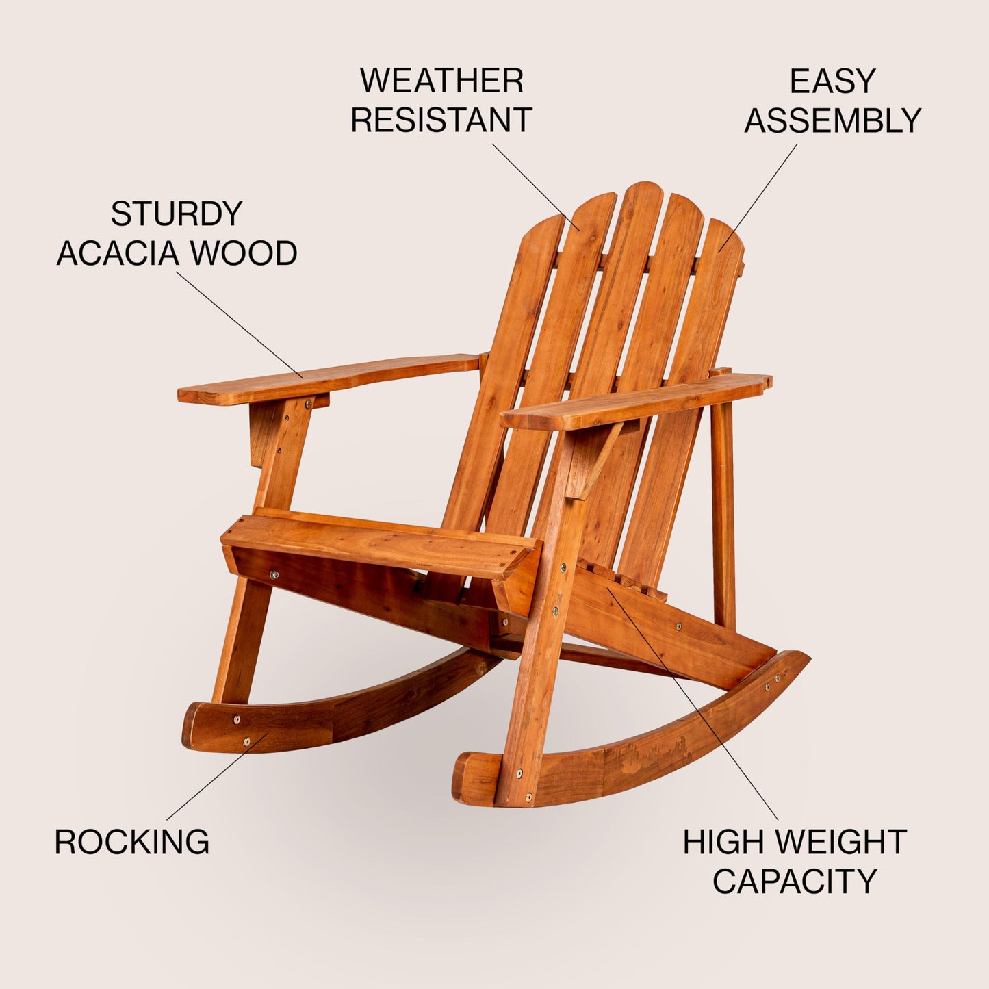 JONATHAN Y PAT1000A Kiawah Outdoor Patio Classic Acacia Wood Adirondack Rocking Chair for Garden, Lawn, Backyard, Pool, Deck, Beach, Firepit, Light Brown - WoodArtSupply