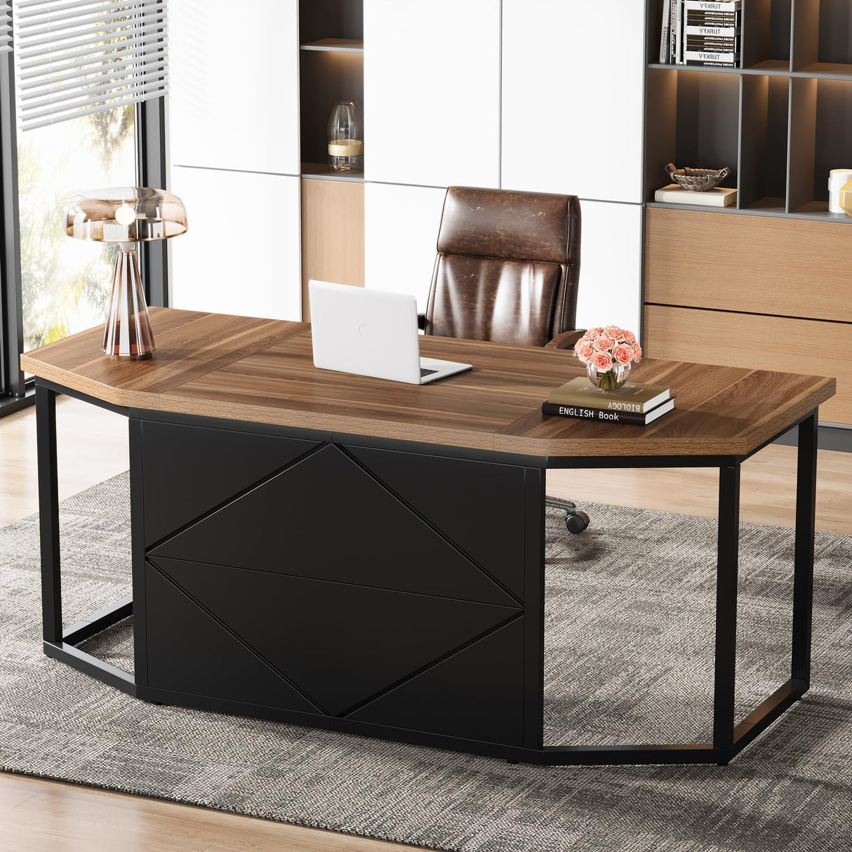 Tribesigns 63 Inch Executive Desk, Large Computer Desk with Privacy Panel, Modern Simple Style Home and Office Desk, Gaming Desk Writing Table Study Desk Business Furniture, Brown and Black Tribesigns