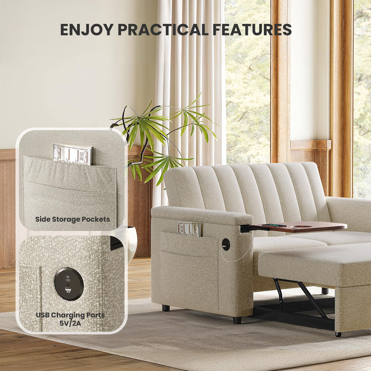 Amada 3 in 1 Sleeper Sofa Bed,Pull Out Couch with Side Table, Convertible Loveseat with Adjustable Backrest,Chaise Lounge with USB Ports & Side Pockets for Living Room, 69'' Pull Out Sofa Bed(Beige) AMADA HOMEFURNISHING