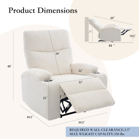 Manual Recliner Chair with Pull Ring, 3 Position 140° Reclining Sofa for Living Room, Nursery, RV, and Office,Oversized Recliner Chairs for Adults(White Corduroy Fabric) AIWOEN