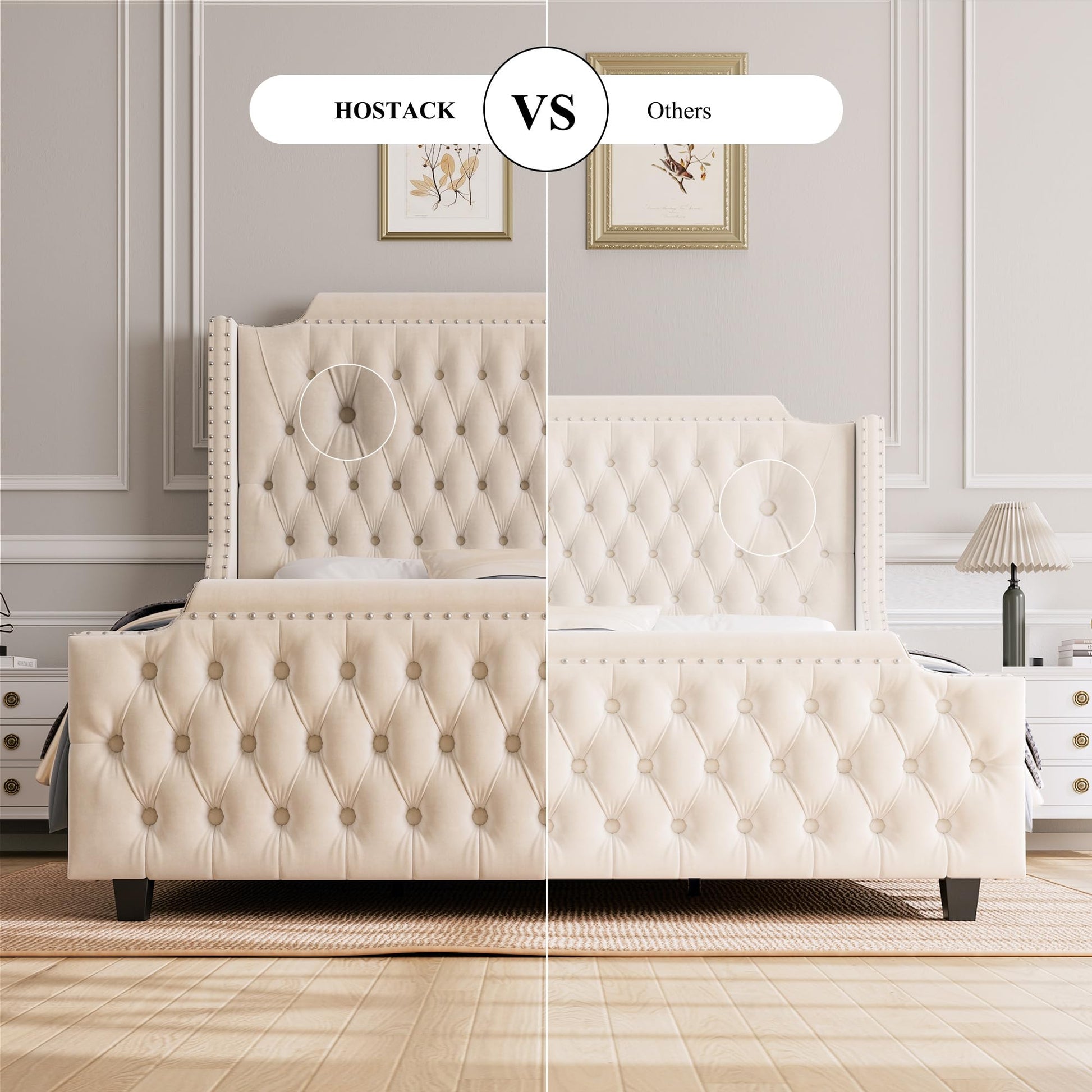 HOSTACK Velvet King Size Platform Bed Frame with 54" Wingback Headboard and Button-Tufted Footboard in Cream - WoodArtSupply