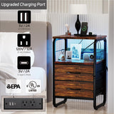 runjuly LED Nightstand, Bed Side Table with Storage, End Table with Drawers & Hooks, Bedside Table with Charging Station, AC Outlets, USB C Ports, Rustic Brown Night Stand Table for Living Room, Dorm runjuly