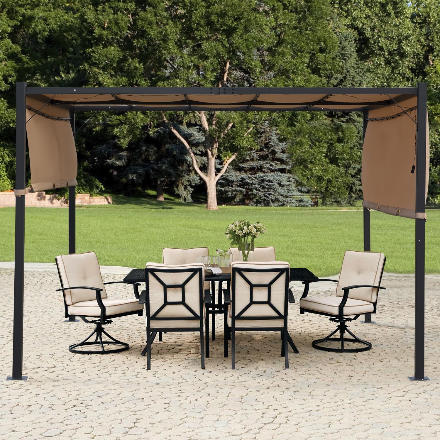 10 x 10 Outdoor Pergola Waterproof Gazebo Canopy Sturdy Frame Patio Pergola with Retractable Canopy Sides Solar LED Metal Stands for Porch Party