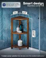 BLUEWEST 3-Tier Corner Shower Caddy Stand, Wood Shower Organizer Standing with Anti-Slip Feet, Waterproof & Durable Bathroom Corner Shelf, Space-Saving Design Storage for Kitchen or Living Room BLUEWEST
